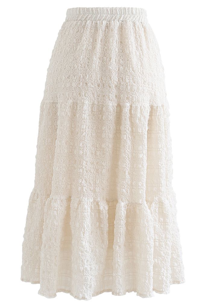 Full of Embossing Frill Hem Midi Skirt in Cream