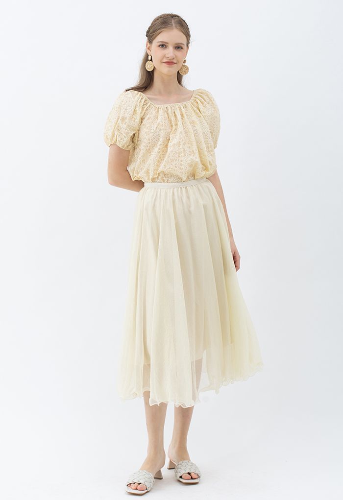 Subtle Shimmer Semi-Sheer Pleated Midi Skirt in Yellow