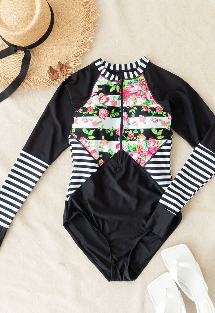 Floral Printed Zip Front Long Sleeve Surf Suit