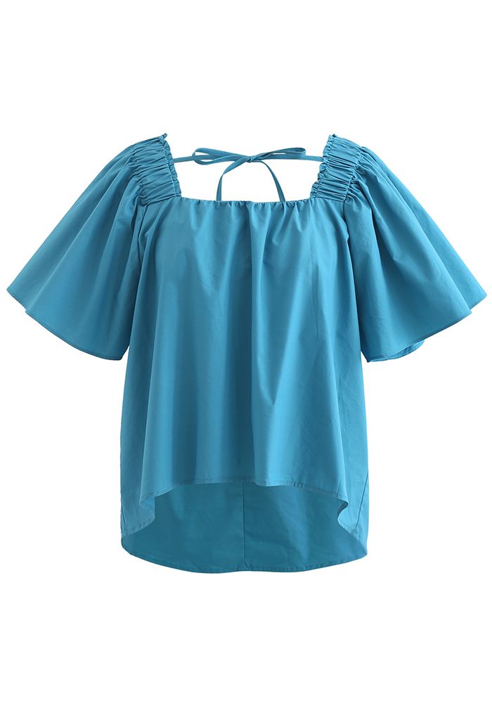 Flared Sleeves Tie Neck Top in Cyan