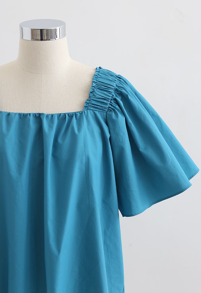 Flared Sleeves Tie Neck Top in Cyan