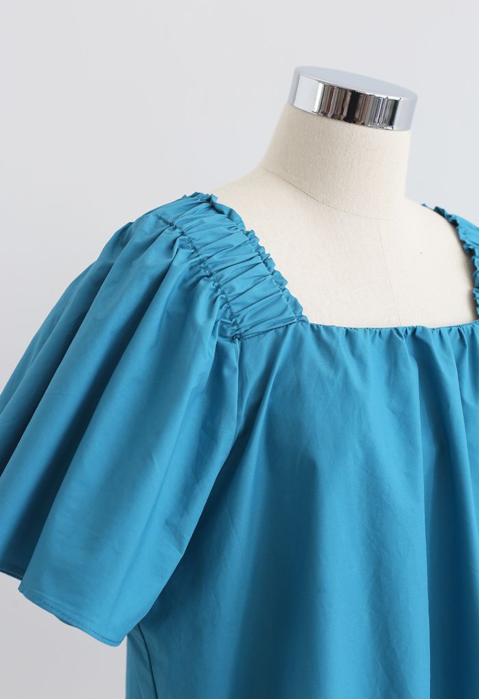 Flared Sleeves Tie Neck Top in Cyan