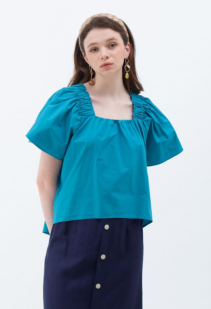 Flared Sleeves Tie Neck Top in Cyan