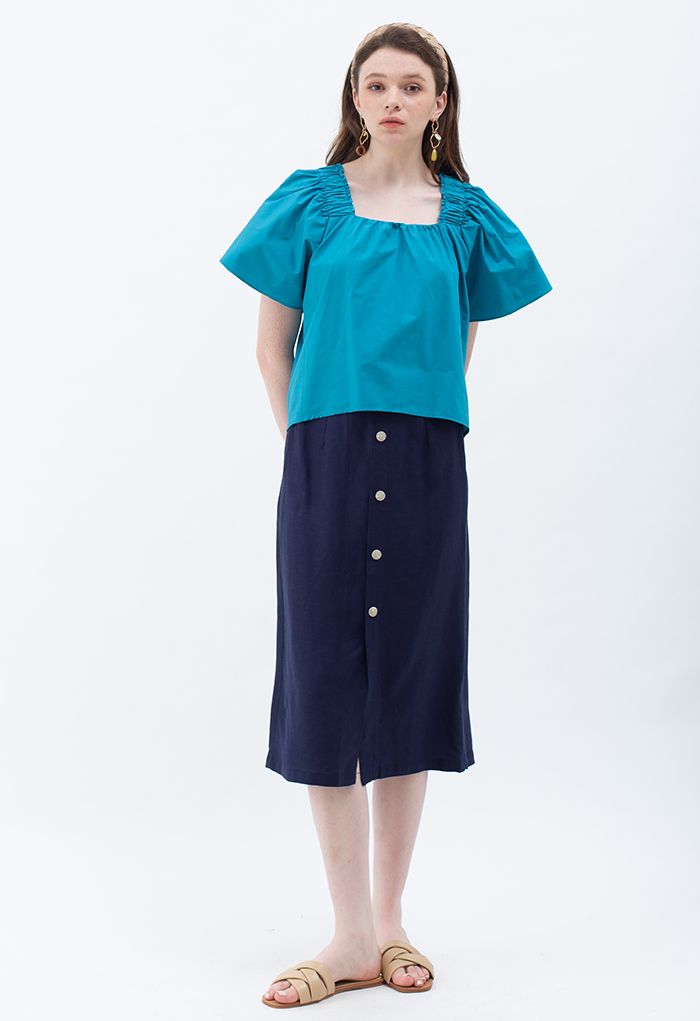 Flared Sleeves Tie Neck Top in Cyan