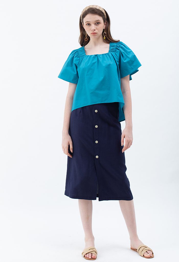 Flared Sleeves Tie Neck Top in Cyan