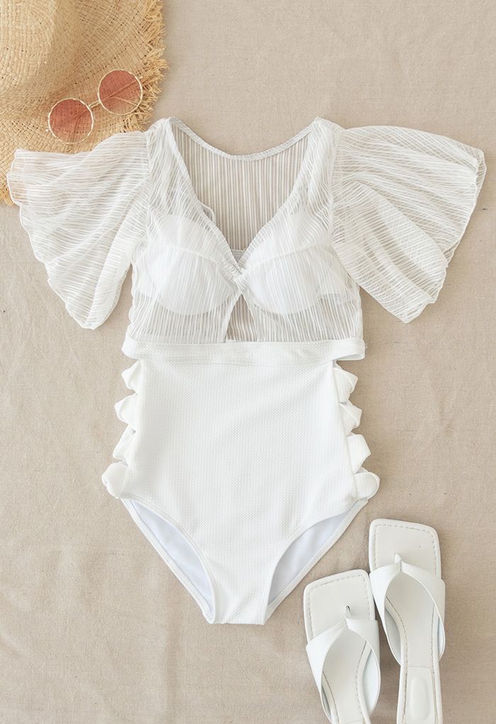 Detachable Bra and Lacy Swimsuit Set in White