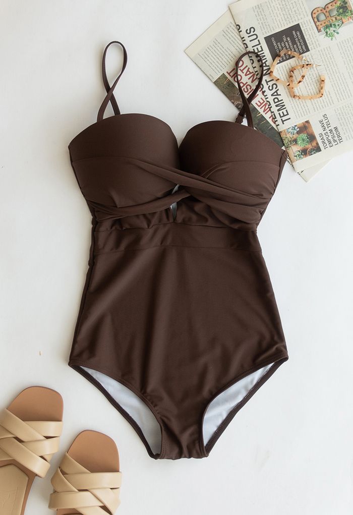 Cross Front Cami Swimsuit in Brown