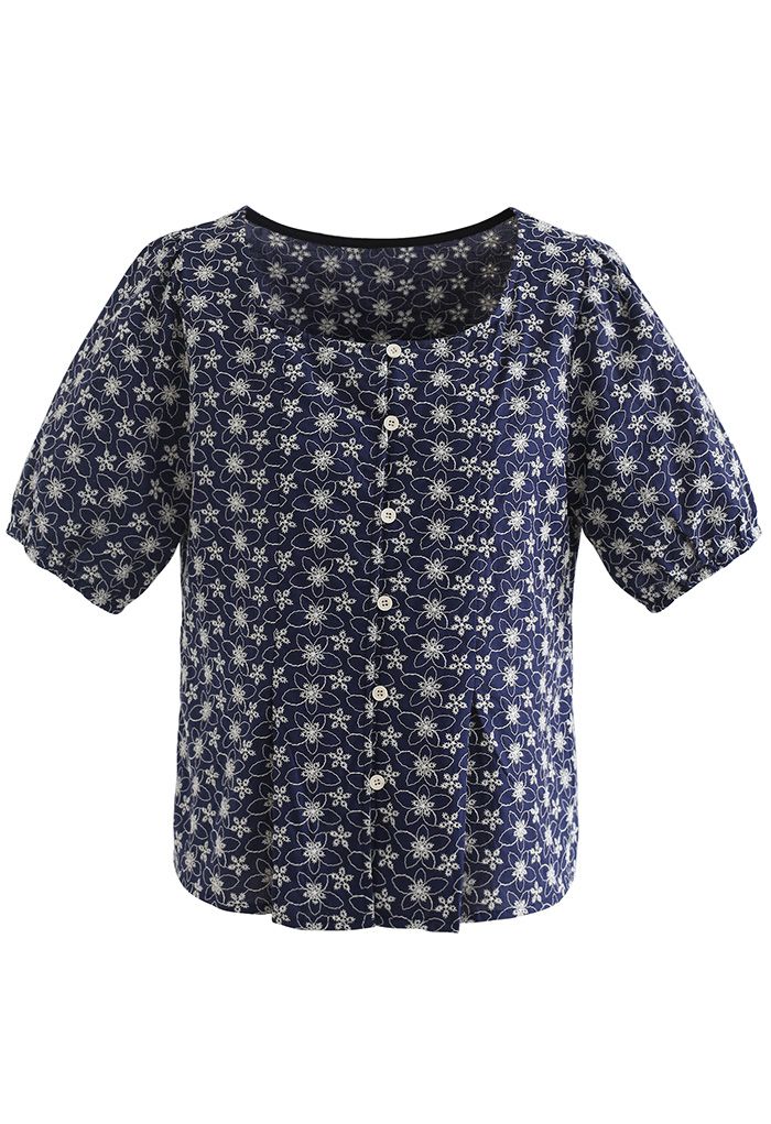 Button Down Embroidered Floral Cotton Top in Navy