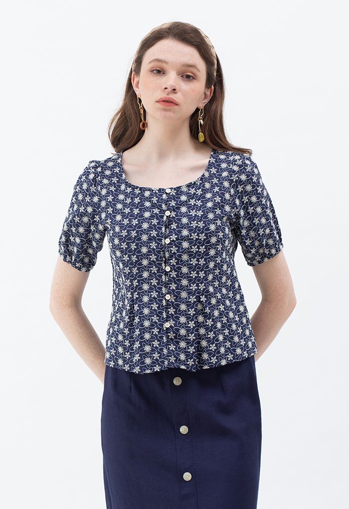 Button Down Embroidered Floral Cotton Top in Navy