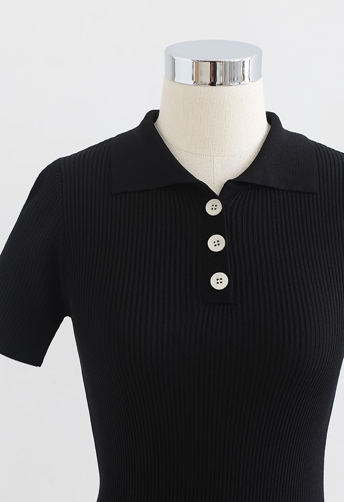 Triple Buttons Short Sleeve Fitted Knit Top in Black