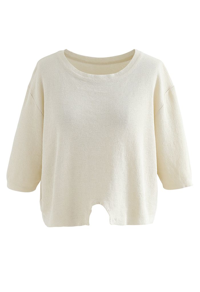 Round Neck Rib Knit Cropped Top in Cream