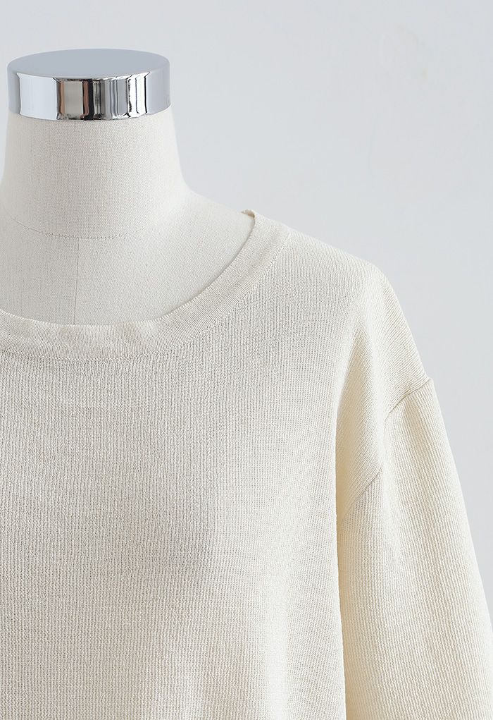 Round Neck Rib Knit Cropped Top in Cream