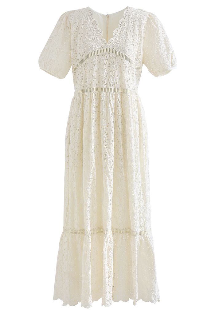 Scallop V-Neck Floral Eyelet Embroidery Maxi Dress in Cream