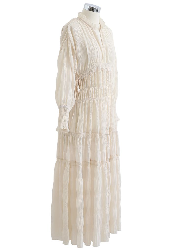 Full Shirring Side Drawstring Chiffon Dress in Cream