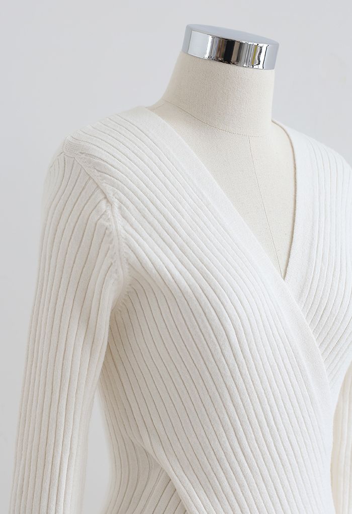 Crisscross Fitted Rib Knit Top in White