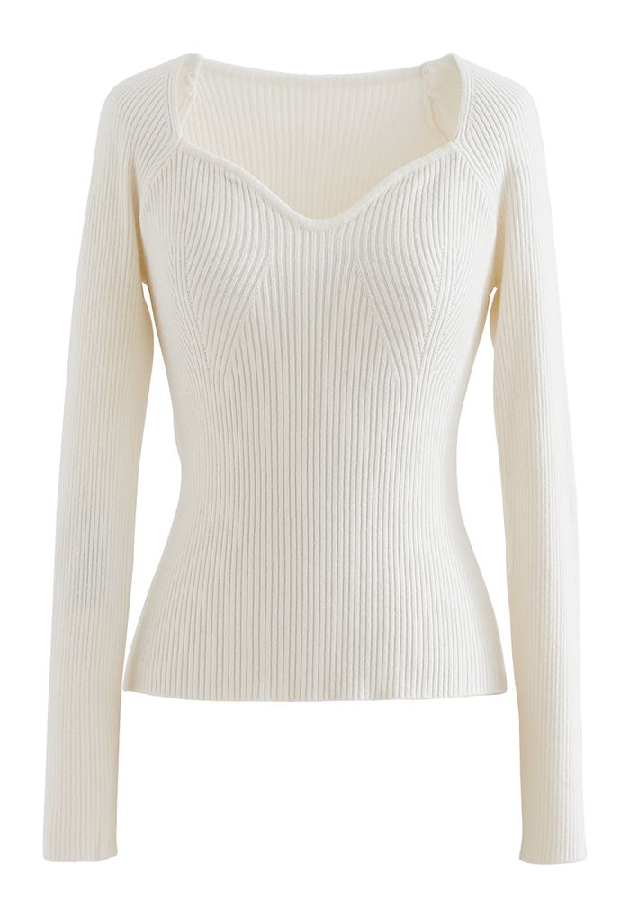 Square Neck Long Sleeves Fitted Knit Top in White