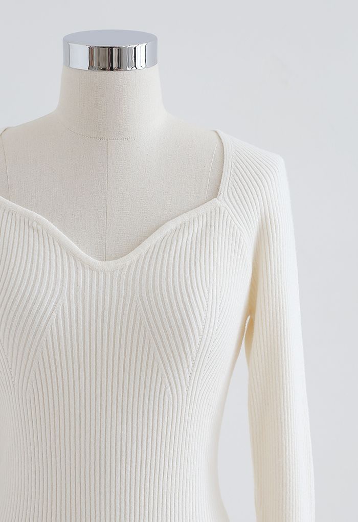 Square Neck Long Sleeves Fitted Knit Top in White