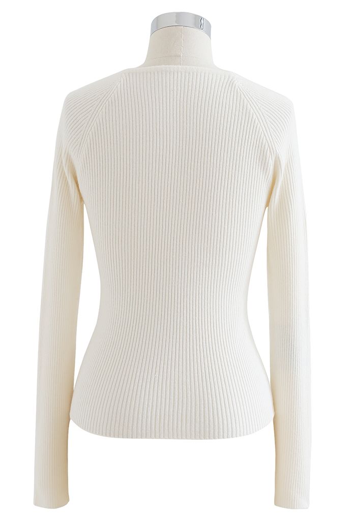 Square Neck Long Sleeves Fitted Knit Top in White