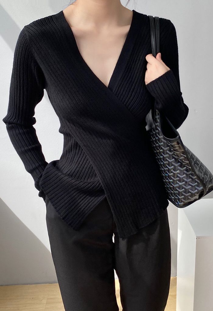 Crisscross Fitted Rib Knit Top in Black