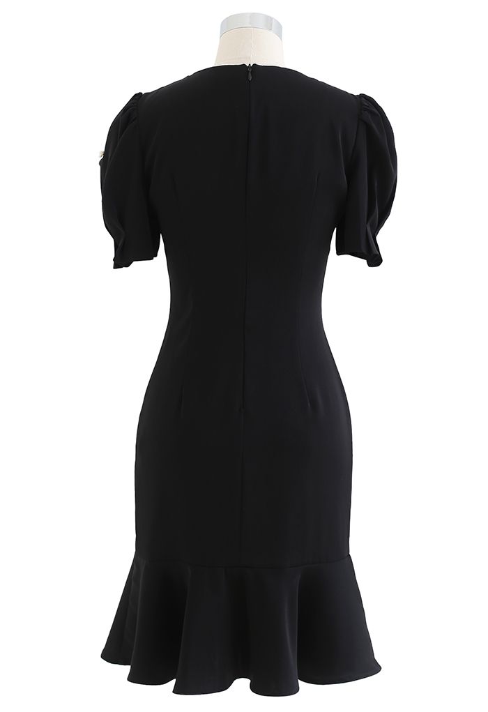 Crystal Embellished Frilling Dress in Black