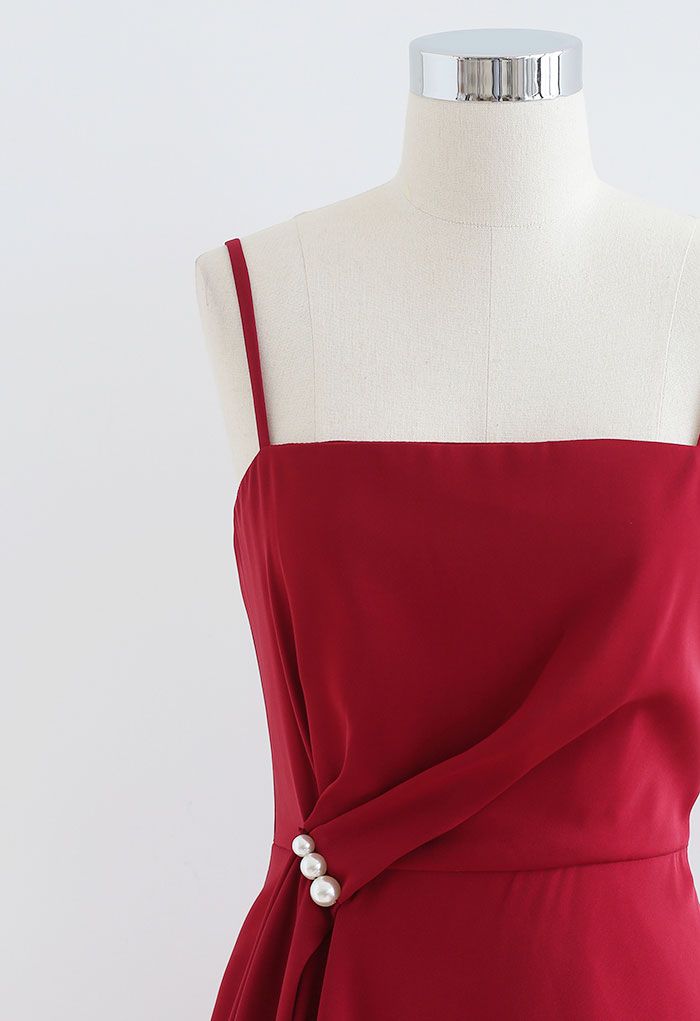 Pearl Trim Ruched Draped Asymmetric Cami Dress in Red