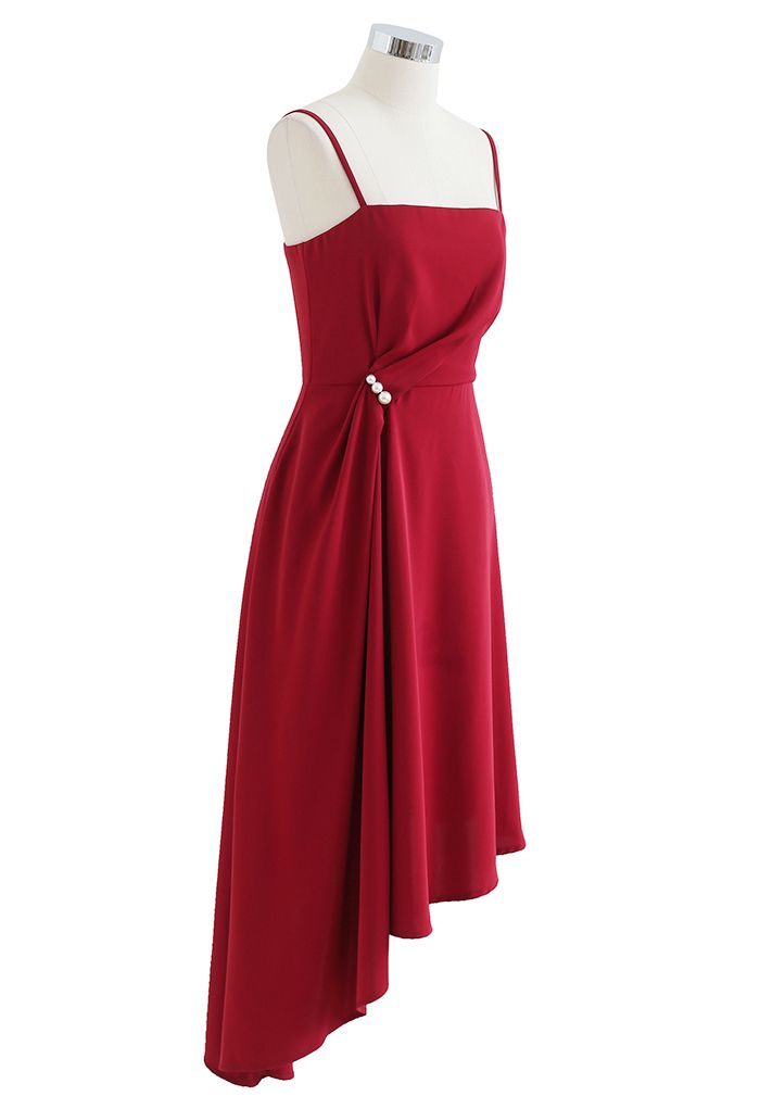 Pearl Trim Ruched Draped Asymmetric Cami Dress in Red