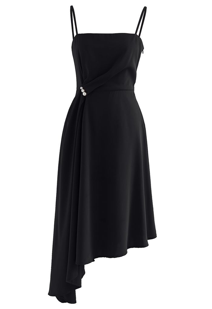 Pearl Trim Ruched Draped Asymmetric Cami Dress in Black