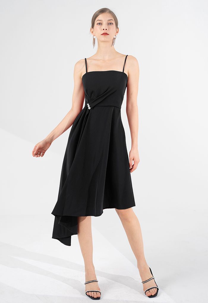 Pearl Trim Ruched Draped Asymmetric Cami Dress in Black