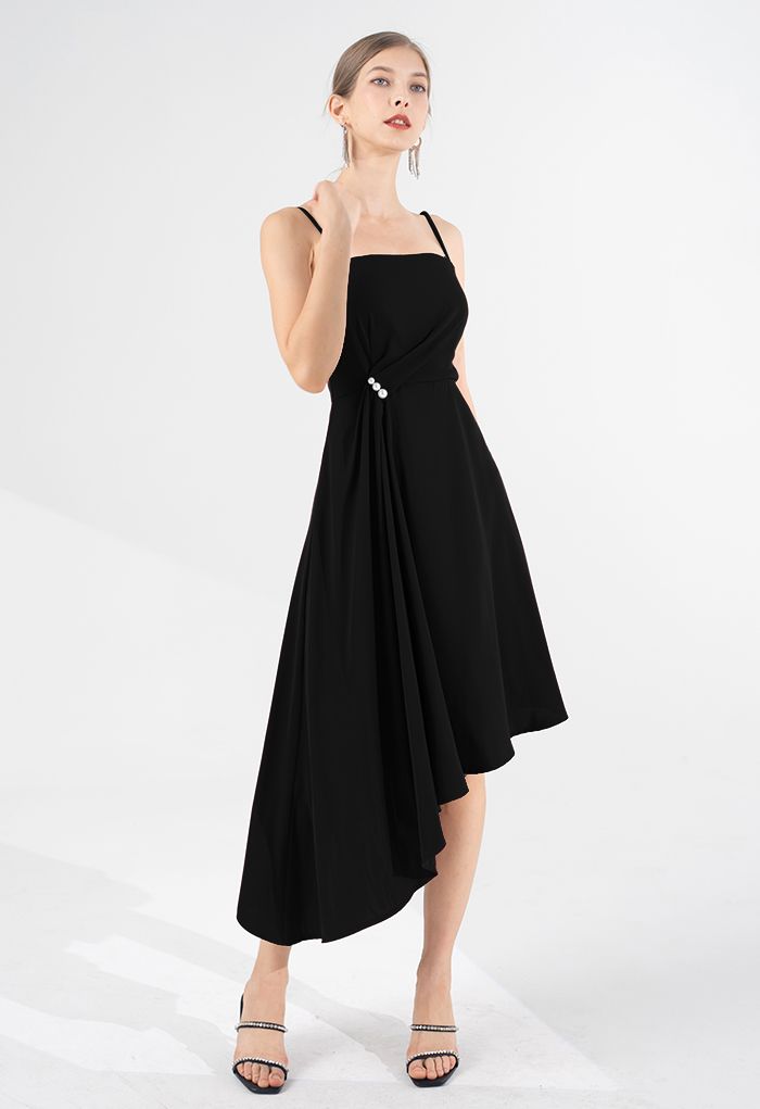 Pearl Trim Ruched Draped Asymmetric Cami Dress in Black