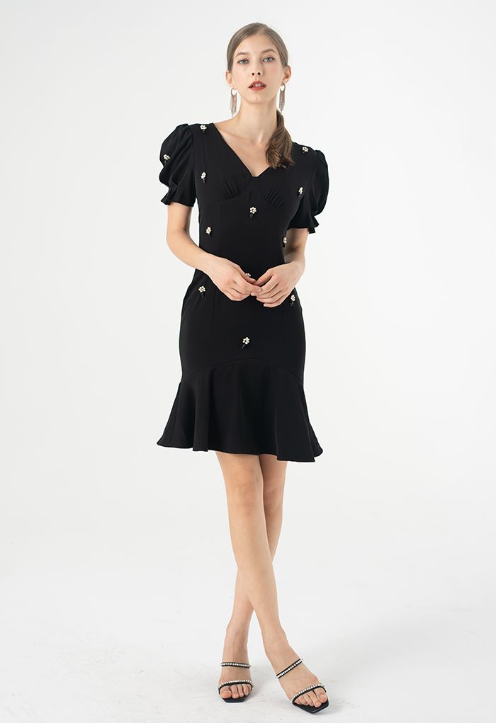 Crystal Embellished Frilling Dress in Black