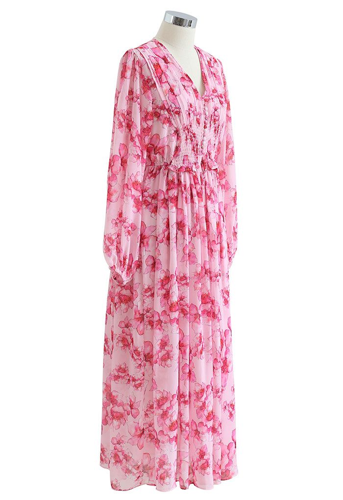 Delicate Floral Shirred Maxi Dress in Hot Pink