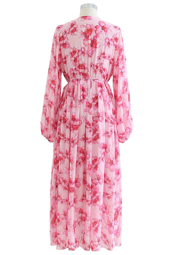 Delicate Floral Shirred Maxi Dress in Hot Pink