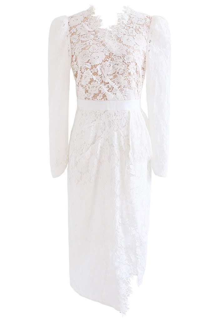 Full Lace Puff Sleeve Slit Bodycon White Dress