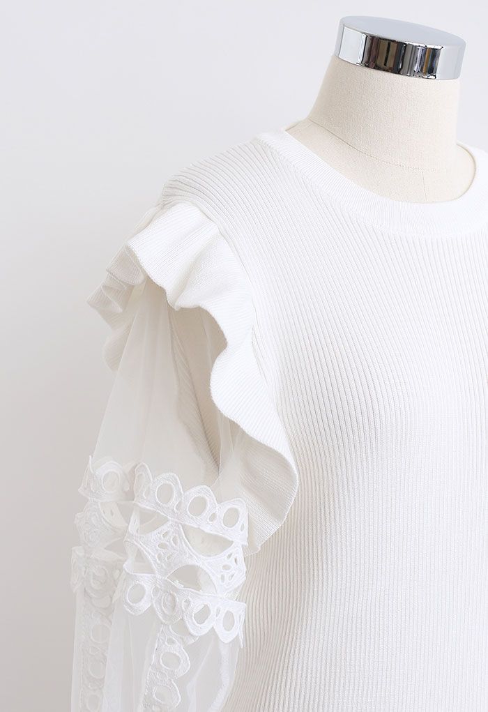 Lace-Adorned Mesh Sleeve Knit Top in White