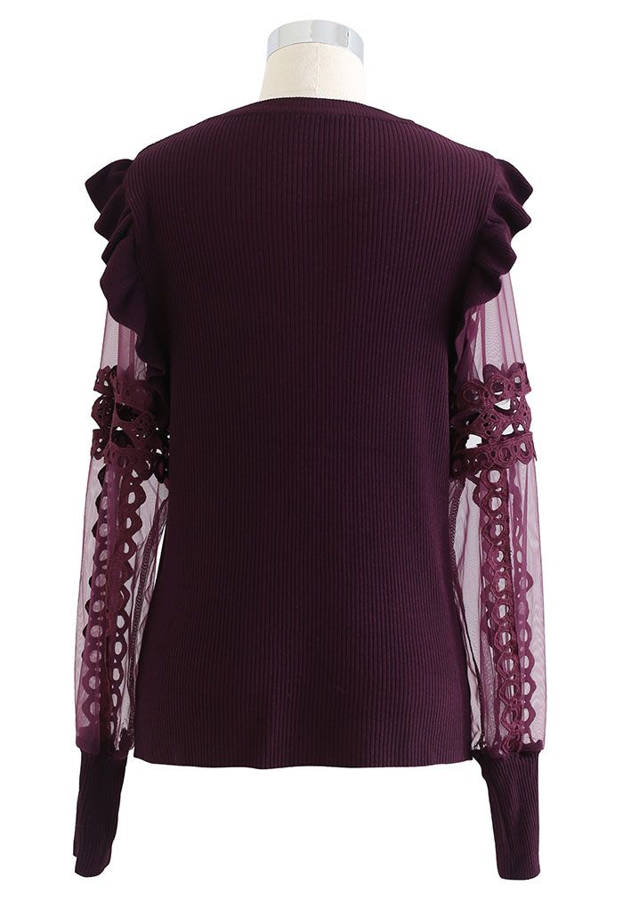 Lace-Adorned Mesh Sleeve Knit Top in Wine