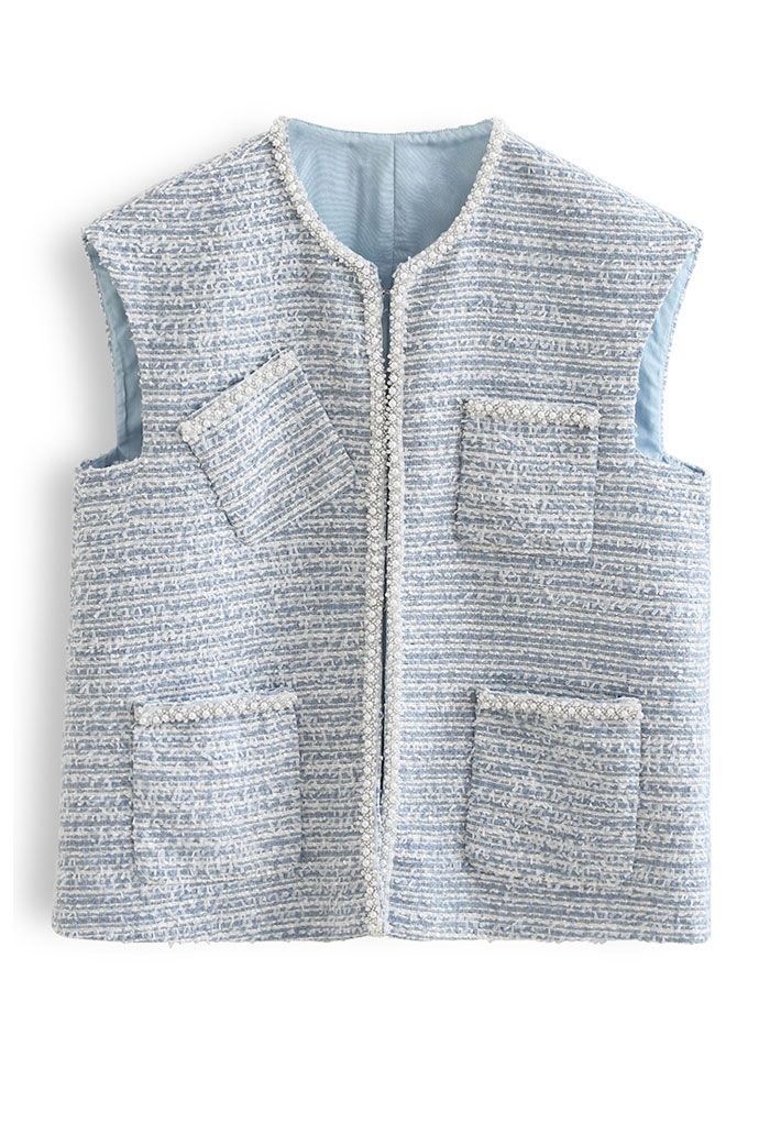 Pearly Edge Pocket Tweed Vest Jacket in Blue