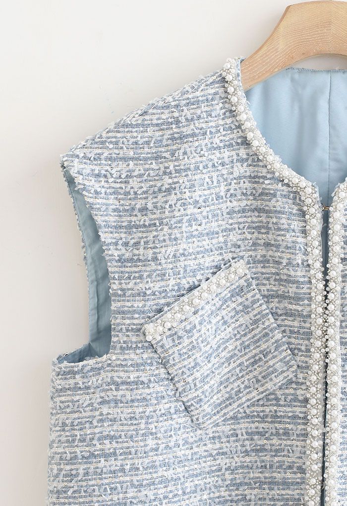 Pearly Edge Pocket Tweed Vest Jacket in Blue