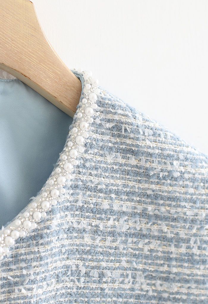 Pearly Edge Pocket Tweed Vest Jacket in Blue