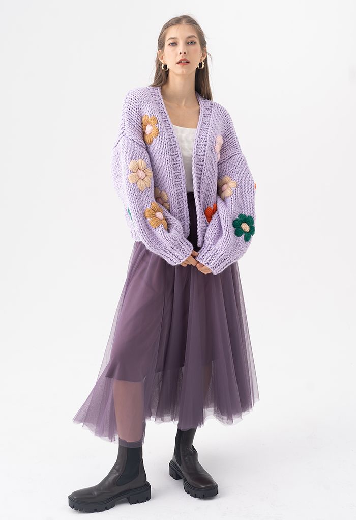 Stitch Flowers Hand-Knit Chunky Cardigan in Lilac