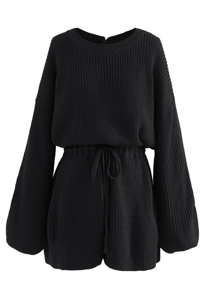 Drawstring Waist Rib Knit Playsuit in Black