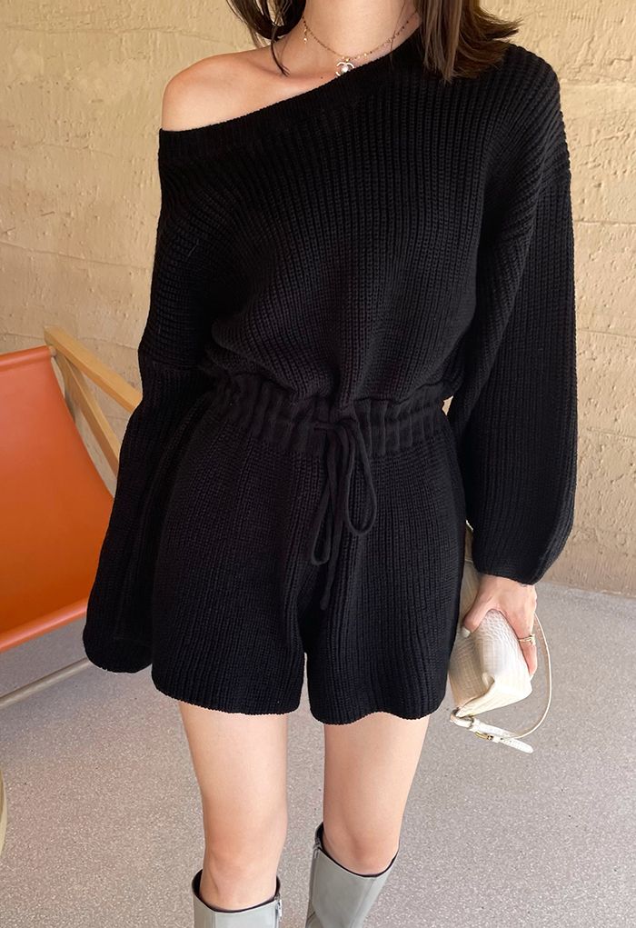 Drawstring Waist Rib Knit Playsuit in Black