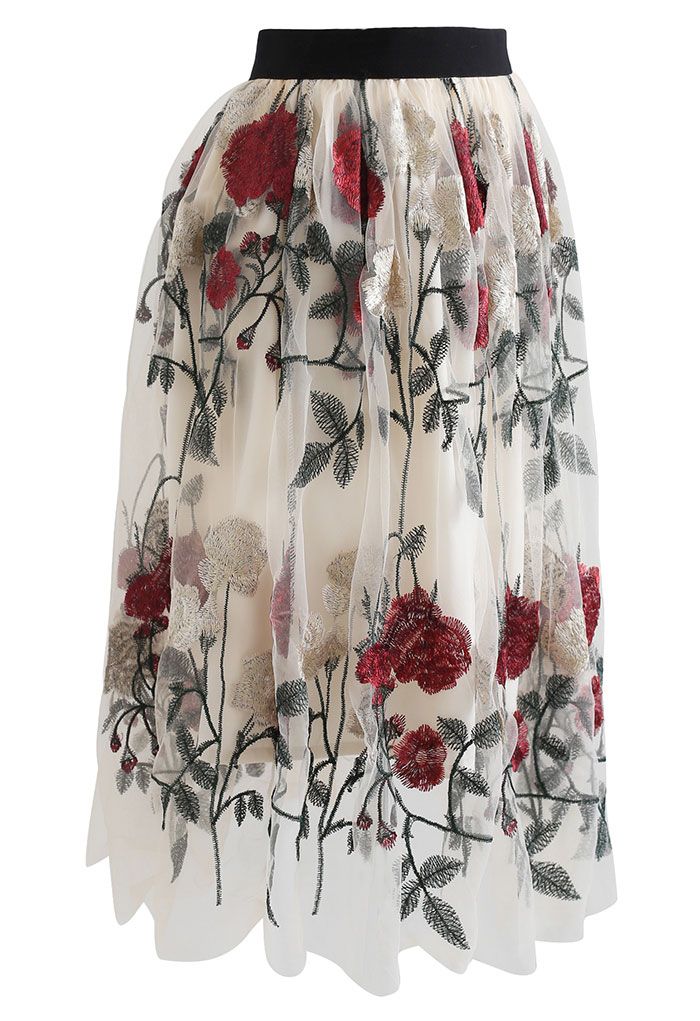 Red Golden Rose Embroidered Mesh Midi Skirt