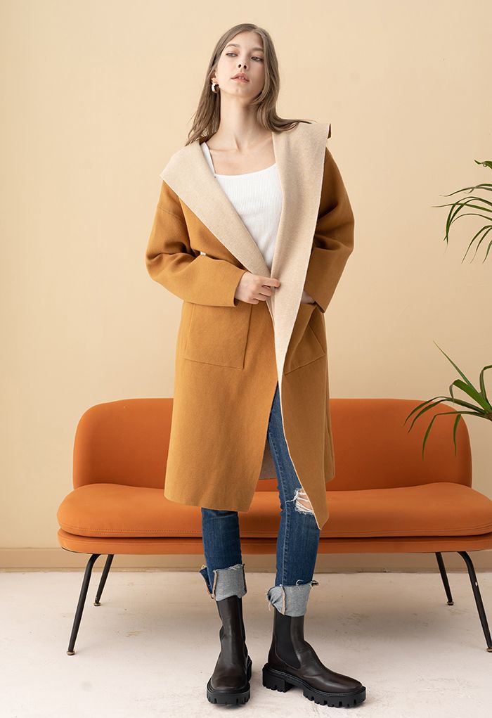 Open Front Longline Knit Hooded Cardigan