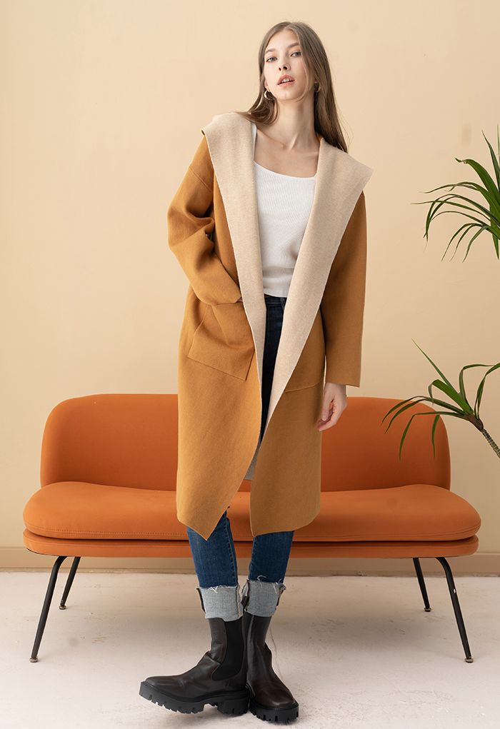 Open Front Longline Knit Hooded Cardigan