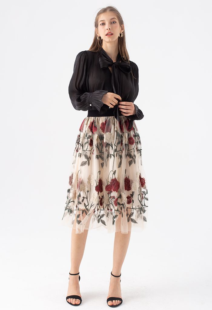 Red Golden Rose Embroidered Mesh Midi Skirt