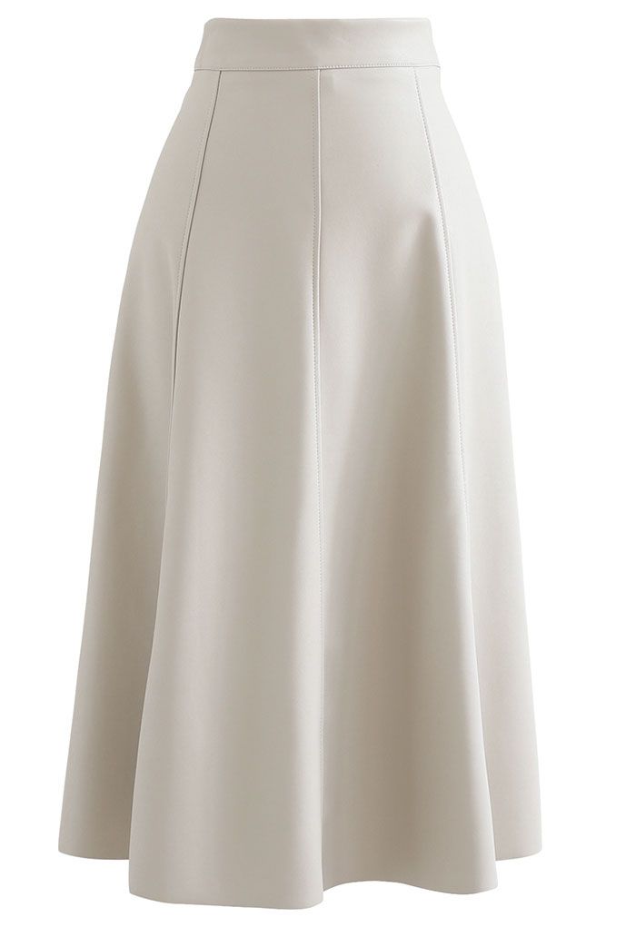 Soft Faux Leather Seamed A-Line Skirt in Ivory