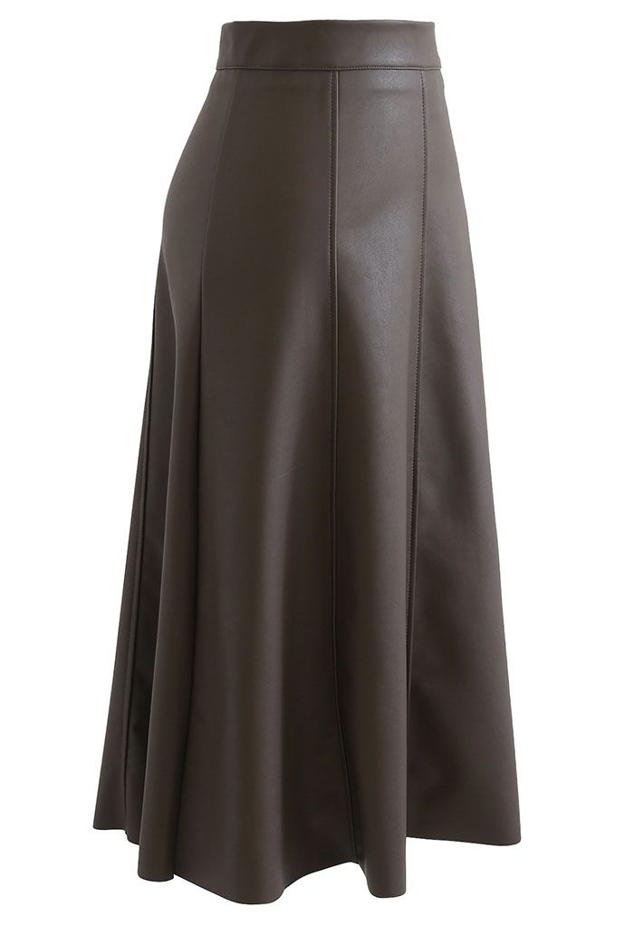 Soft Faux Leather Seamed A-Line Skirt in Taupe