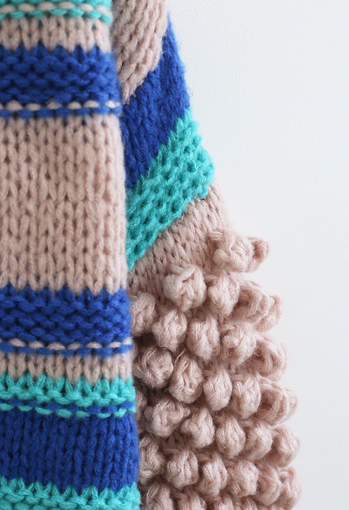 Pom-Pom Sleeve Hand-Knit Chunky Sweater