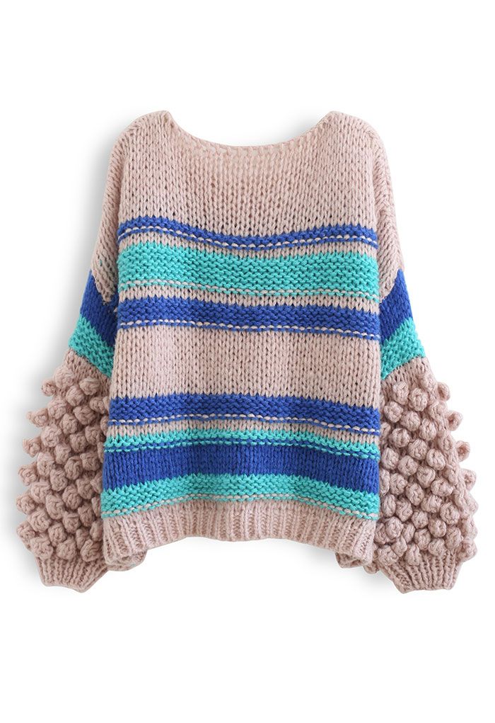 Pom-Pom Sleeve Hand-Knit Chunky Sweater