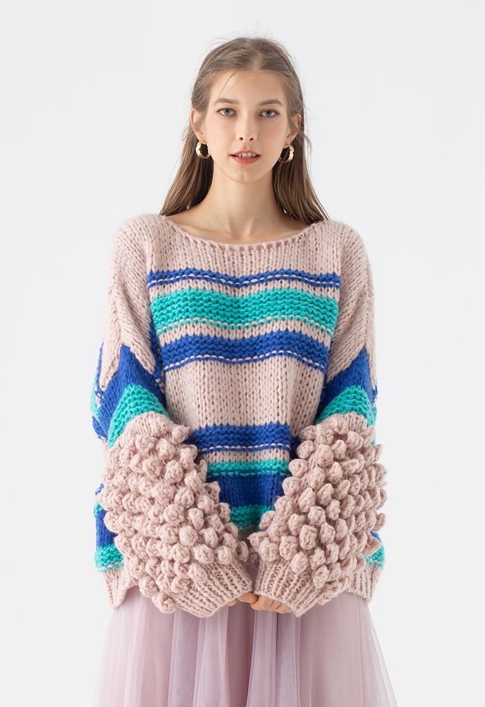 Pom-Pom Sleeve Hand-Knit Chunky Sweater